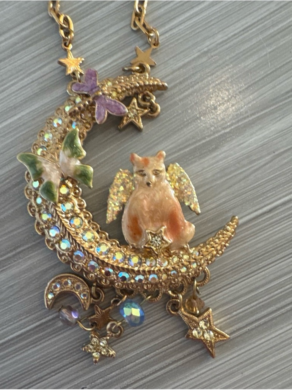 Gold-Tone Moon & Angel Fox Pendant Necklace with Iridescent Crystals